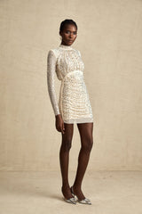 Gloria Mini Dress - Long Sleeves - Crystal Embellishment - Draped Design - Rear Zip Fastening