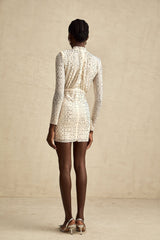 Gloria Mini Dress - Long Sleeves - Crystal Embellishment - Draped Design - Rear Zip Fastening