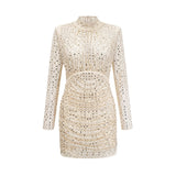 Gloria Mini Dress - Long Sleeves - Crystal Embellishment - Draped Design - Rear Zip Fastening