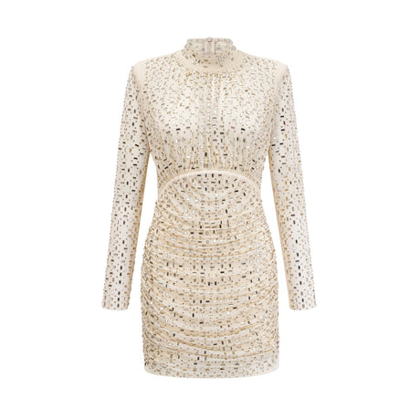 Gloria Mini Dress - Long Sleeves - Crystal Embellishment - Draped Design - Rear Zip Fastening