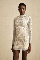 Gloria Mini Dress - Long Sleeves - Crystal Embellishment - Draped Design - Rear Zip Fastening