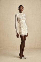 Gloria Mini Dress - Long Sleeves - Crystal Embellishment - Draped Design - Rear Zip Fastening