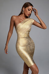 Adelaide wearing a Gold Lika Metallic Mini Cocktail Dress