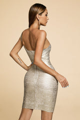 Adelaide wearing a Gold One Shoulder Bandage Mini Dress
