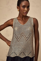 Gold sequined crochet vest top with sleeveless design and shimmering metallic finish