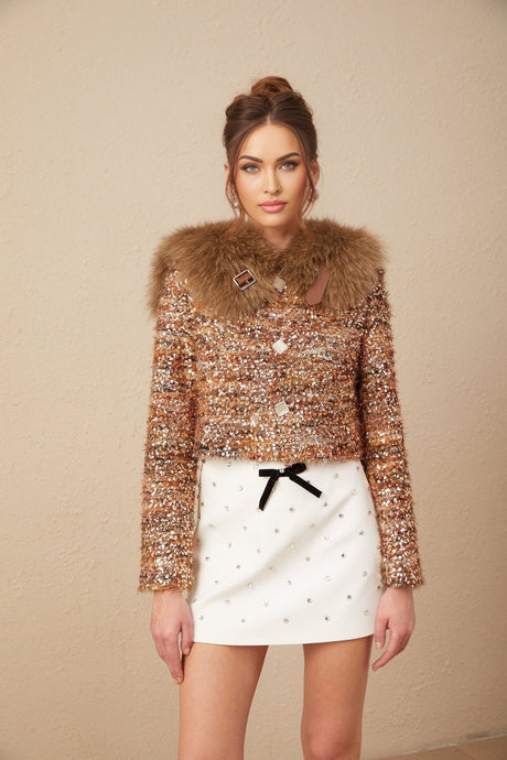 Gold sequined jacket with fur trim stylish evening wear for women