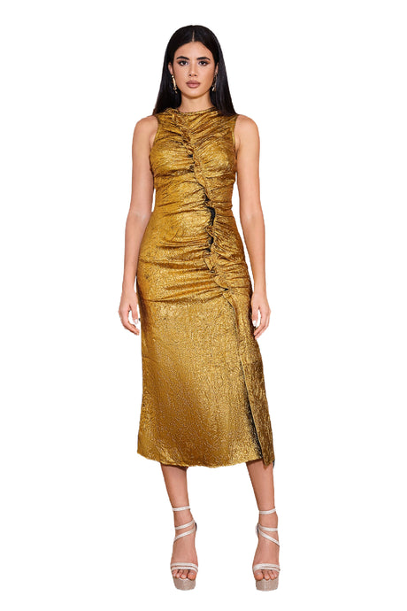 Gold Suku Pleated Metallic Slit Dress for Evening Events
