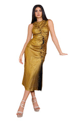 Gold Suku Pleated Metallic Slit Dress for Special Occasions