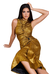 Gold Suku Pleated Metallic Slit Dress for Special Occasions