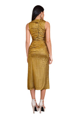 Gold Suku Pleated Metallic Slit Dress for Evening Wear