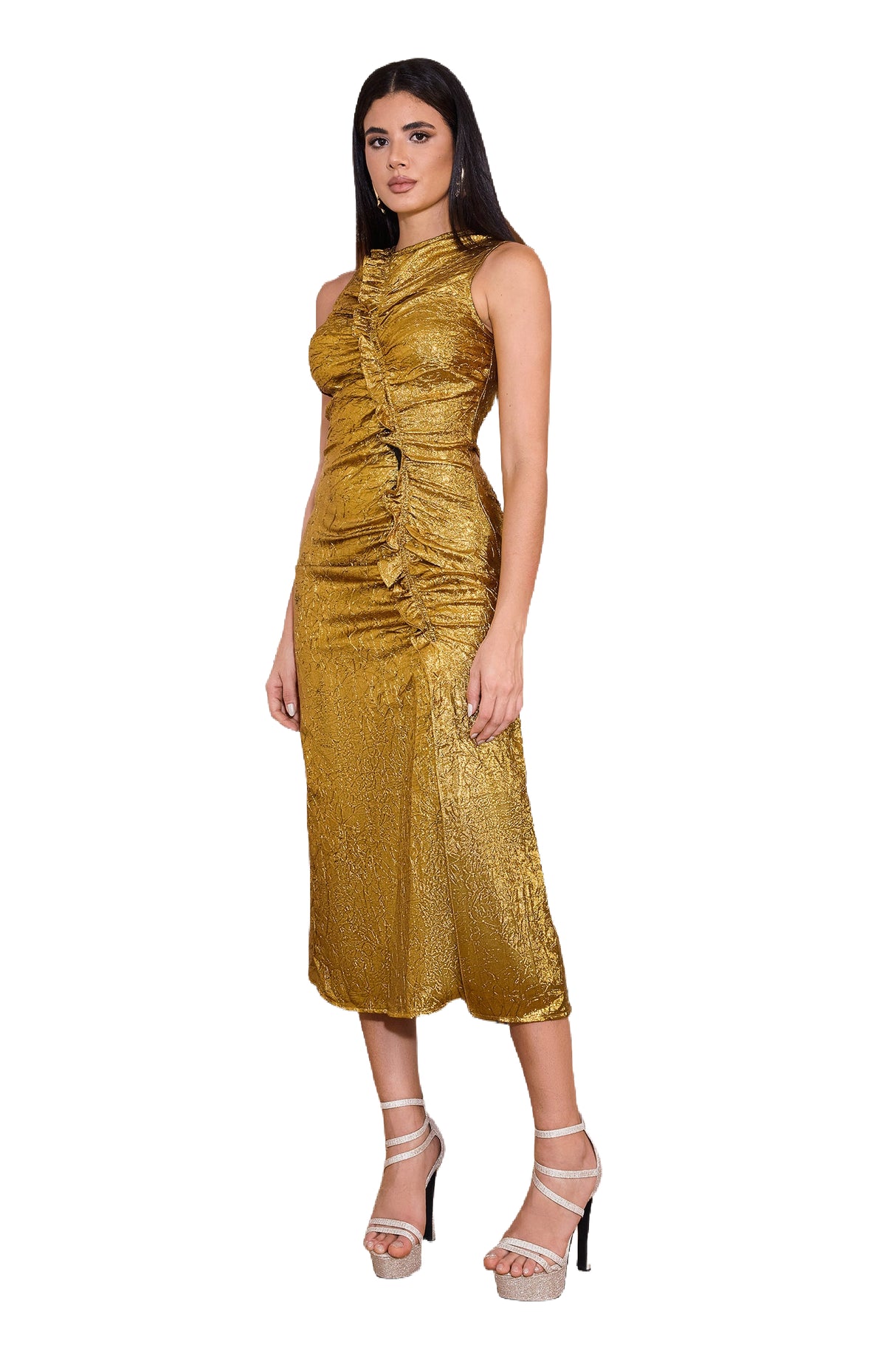 Gold Suku Pleated Metallic Slit Dress for Special Occasions
