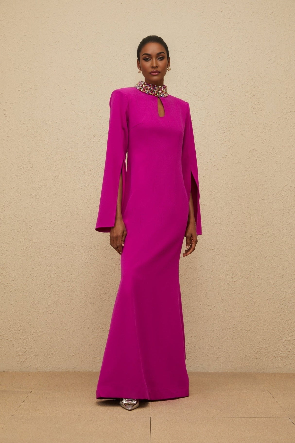 Gown - Mock Neck - Split Sleeves - Fitted Waistline - Bead & Crystal Embellishment - Mermaid Hem