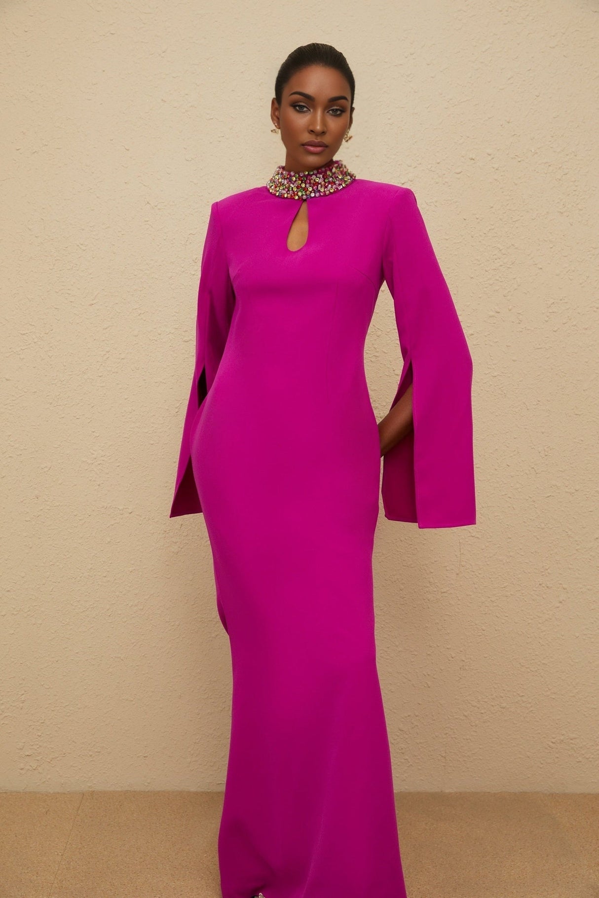 Gown - Mock Neck - Split Sleeves - Fitted Waistline - Bead & Crystal Embellishment - Mermaid Hem