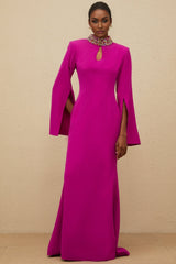 Gown - Mock Neck - Split Sleeves - Fitted Waistline - Bead & Crystal Embellishment - Mermaid Hem