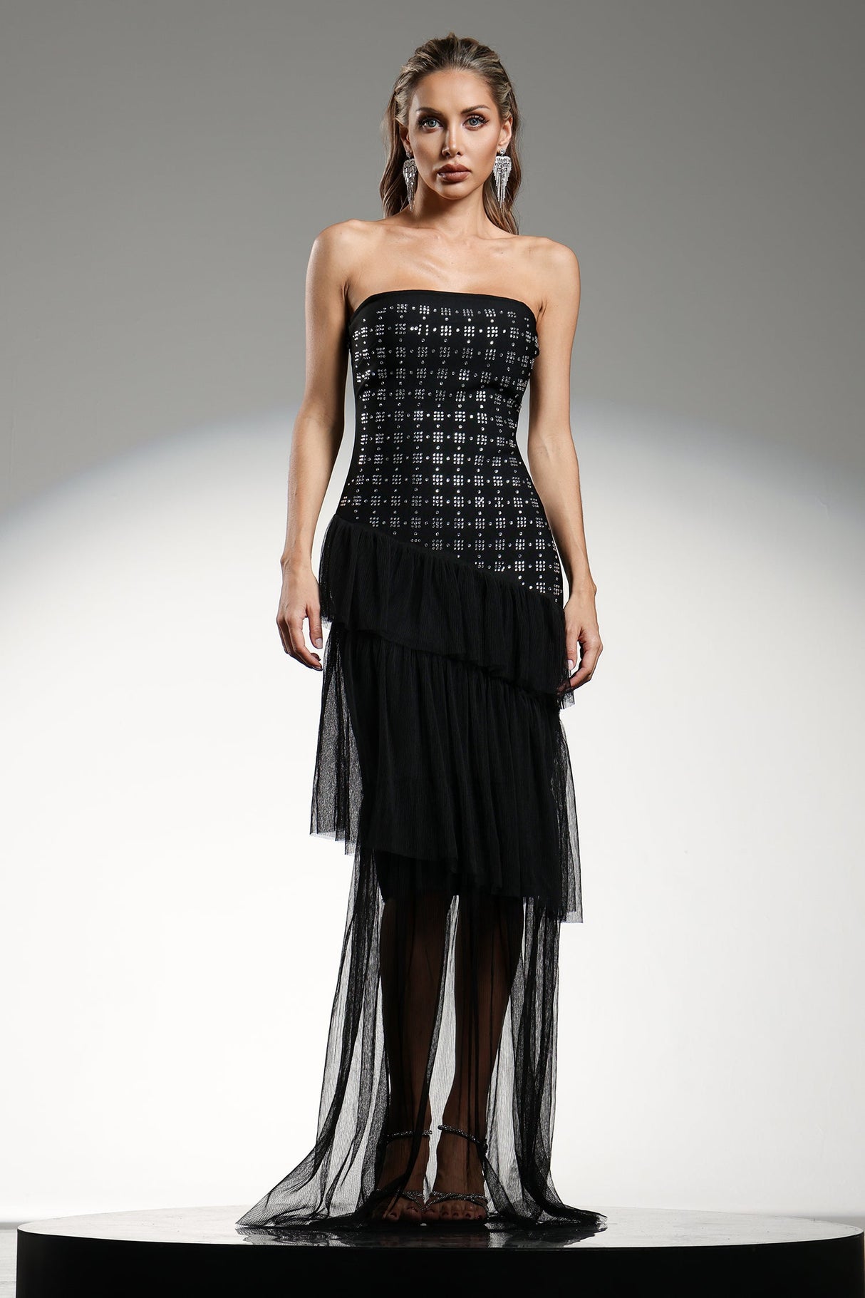 Grace Black Maxi Dress with Diamond Pattern and Ruffle Detailing