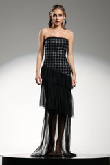 Grace Black Maxi Dress with Diamond Pattern and Ruffle Detailing