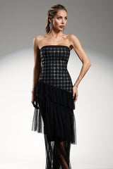 Grace Black Maxi Dress Elegant Strapless Diamond Pattern Ruffle Detailing Fitted Bodice Sheer Overlay Special Occasions Evening Events Sophistication Charm Modern Woman Statement