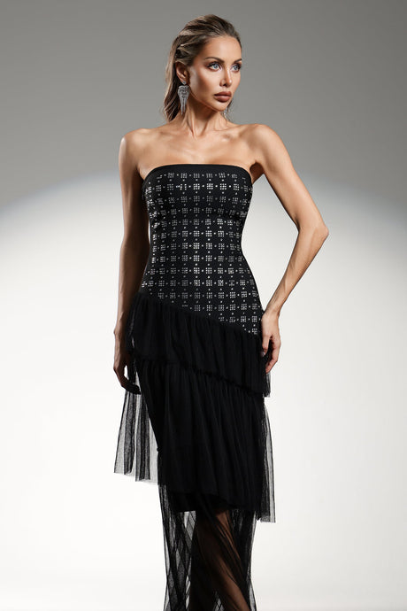 Grace Black Maxi Dress Elegant Strapless Diamond Pattern Ruffle Detailing Fitted Bodice Sheer Overlay Special Occasions Evening Events Sophistication Charm Modern Woman Statement