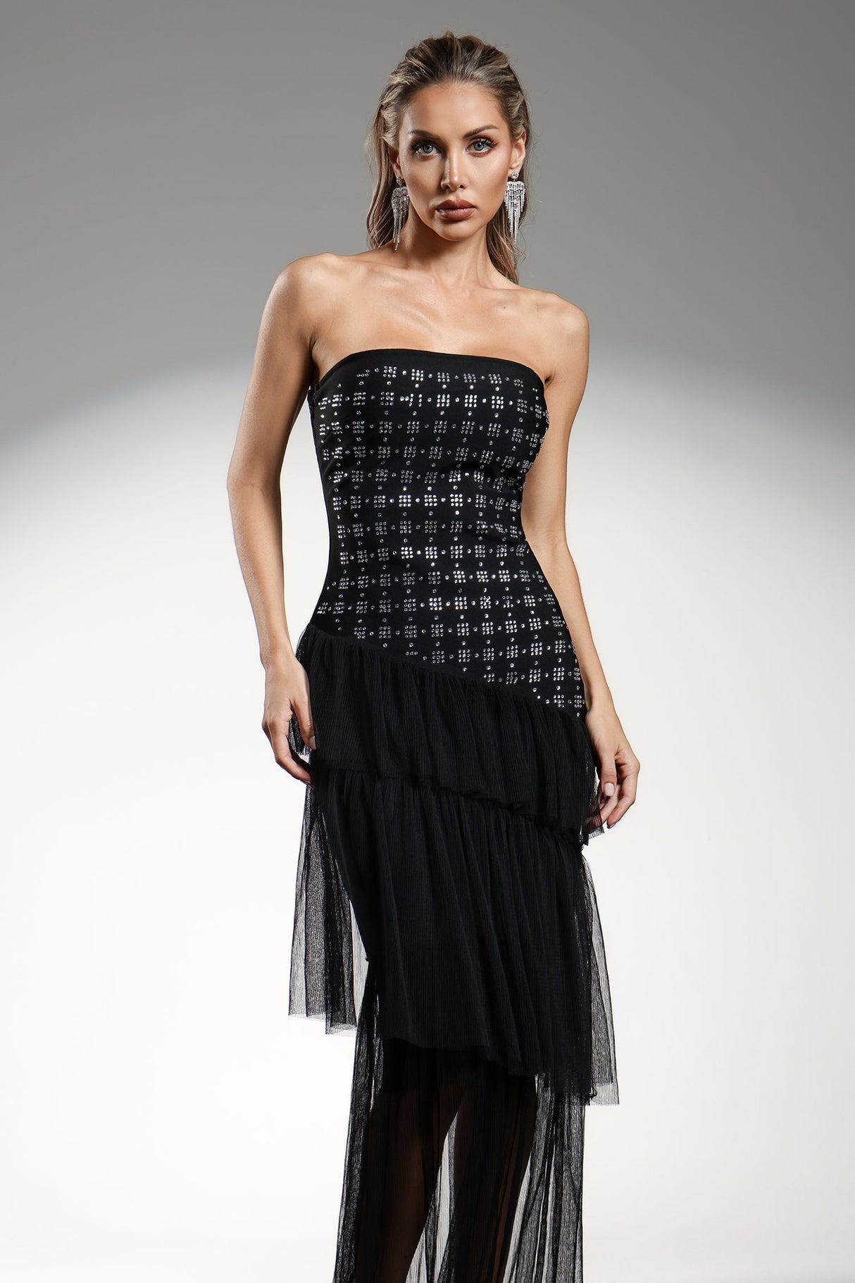 Grace Black Maxi Dress Strapless Diamond Pattern Ruffle Detailing Fitted Bodice Sheer Overlay Special Occasions Evening Events Sophistication Charm Modern Woman Statement