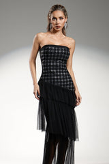 Grace Black Maxi Dress Strapless Diamond Pattern Ruffle Detailing Fitted Bodice Sheer Overlay Special Occasions Evening Events Sophistication Charm Modern Woman Statement