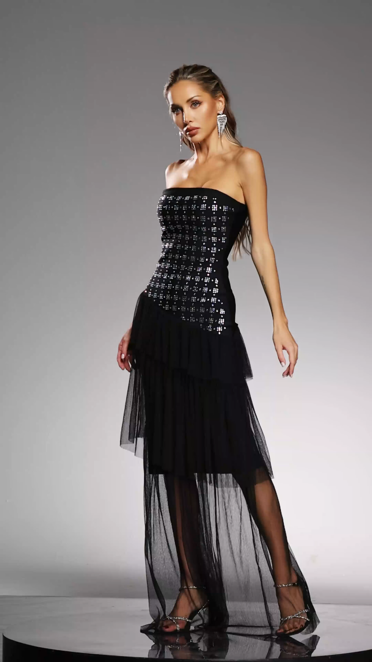 Grace Black Maxi Dress Strapless Diamond Pattern Ruffle Detailing