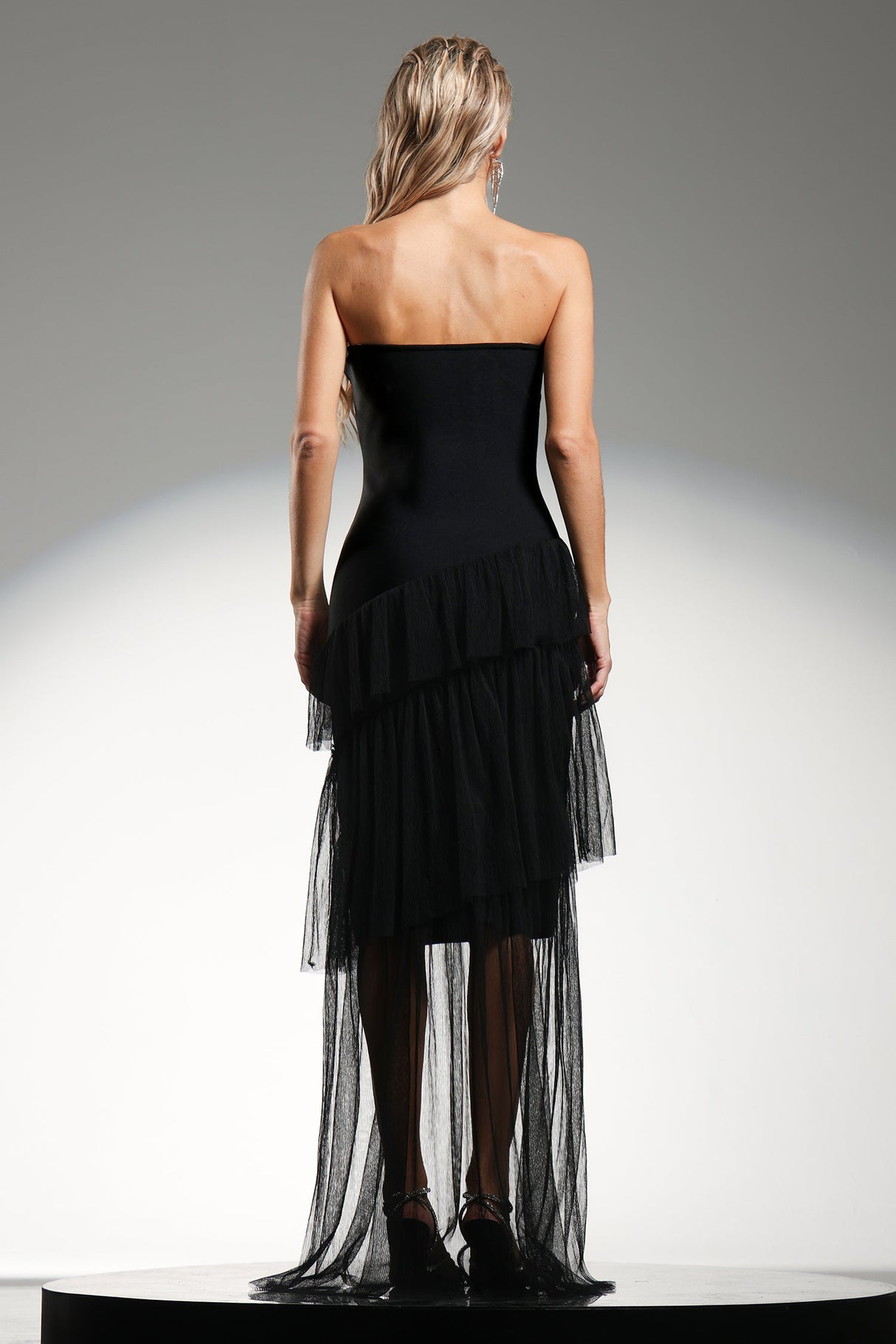 Grace Black Maxi Dress with Diamond Pattern and Ruffle Detailing