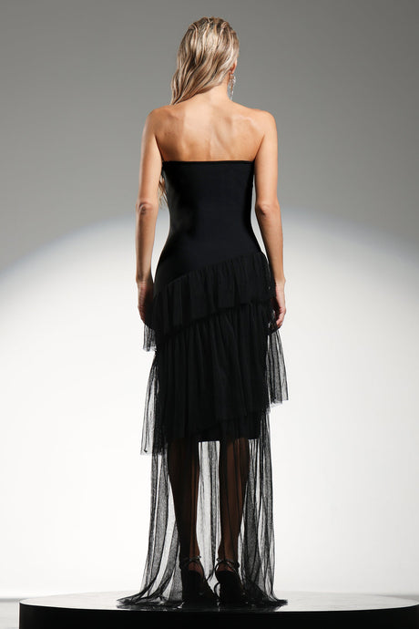 Grace Black Maxi Dress with Diamond Pattern and Ruffle Detailing