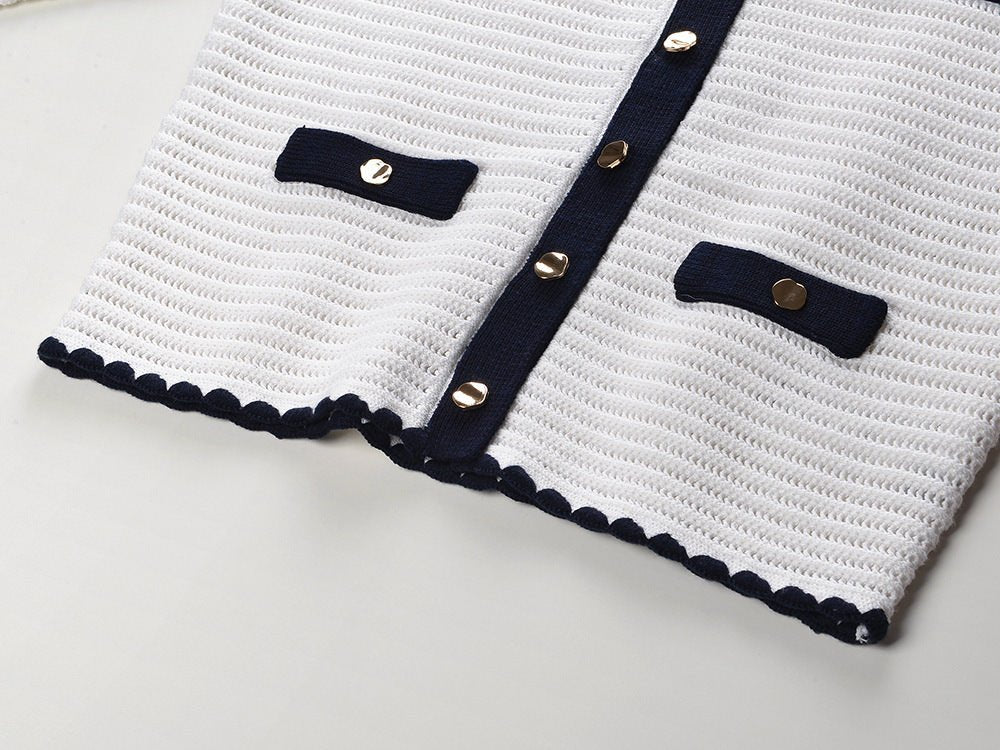 Grace Cardigan & Skirt Set - Navy Trim - Scalloped Edges - Gold Buttons