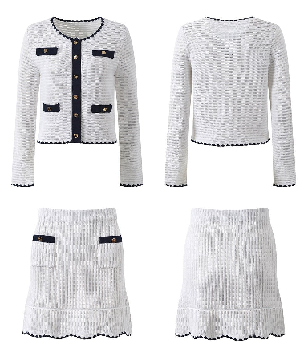 Grace Cardigan & Skirt Set - Navy Trim - Scalloped Edges - Gold Buttons