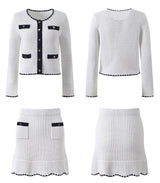 Grace Cardigan & Skirt Set - Navy Trim - Scalloped Edges - Gold Buttons