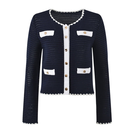 Grace Cardigan & Skirt Set - Navy Trim - Scalloped Edges - Gold Buttons