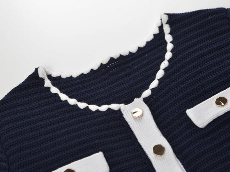 Grace Cardigan & Skirt Set - Navy Trim - Scalloped Edges - Gold Buttons