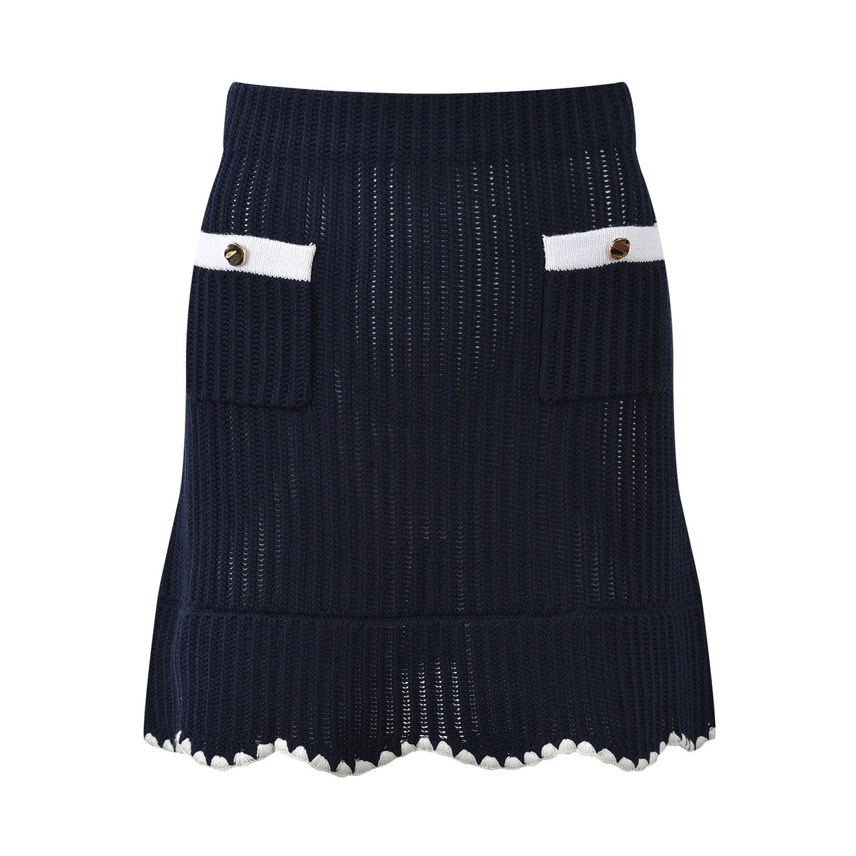 Grace Cardigan & Skirt Set - Navy Trim - Scalloped Edges - Gold Buttons