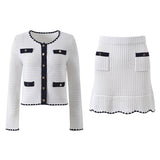 Grace Cardigan & Skirt Set - Navy Trim - Scalloped Edges - Gold Buttons