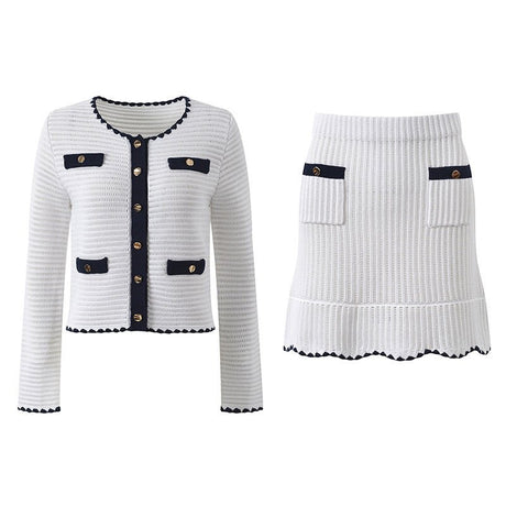 Grace Cardigan & Skirt Set - Navy Trim - Scalloped Edges - Gold Buttons