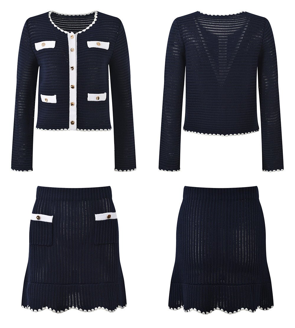 Grace Cardigan & Skirt Set - Navy Trim - Scalloped Edges - Gold Buttons