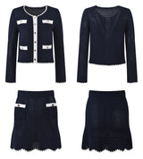 Grace Cardigan & Skirt Set - Navy Trim - Scalloped Edges - Gold Buttons