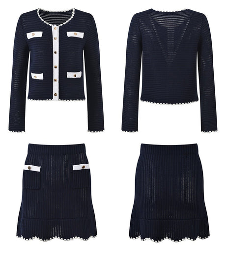 Grace Cardigan & Skirt Set - Navy Trim - Scalloped Edges - Gold Buttons