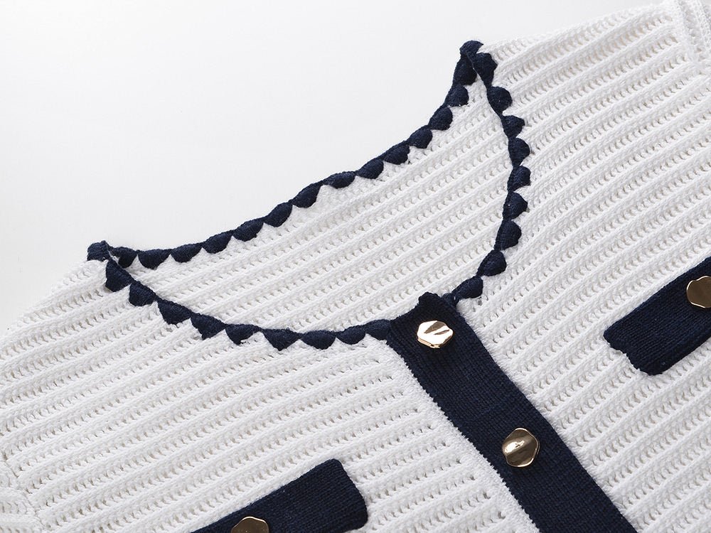 Grace Cardigan & Skirt Set - Navy Trim - Scalloped Edges - Gold Buttons