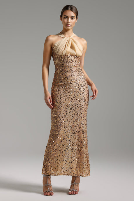 Grace Gold Sequined Halter Neckline Formal Dress