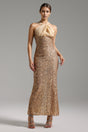 Grace Gold Sequined Halter Neckline Formal Dress