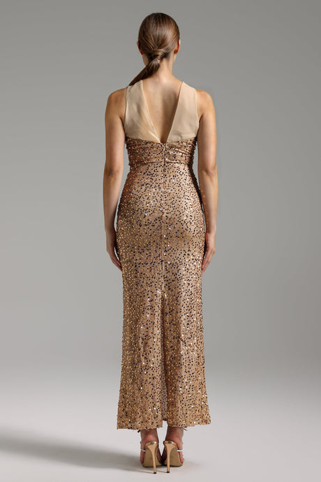 Grace Gold Sequined Halter Neckline Formal Dress