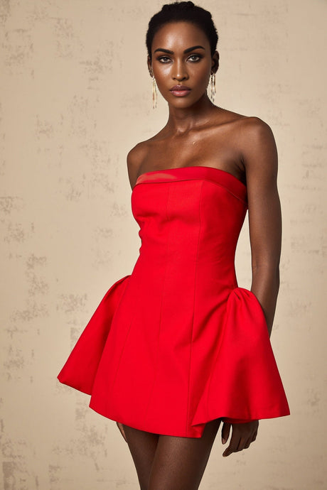 Grace Off Shoulder Mini Dress - Sleeveless - Flared Skirt - Pleated Detailing - Rear Zip Fastening