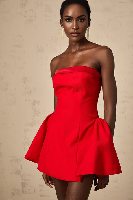 Grace Off Shoulder Mini Dress - Sleeveless - Flared Skirt - Pleated Detailing - Rear Zip Fastening