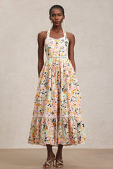 Grace Pink Floral Maxi Dress Halter Neckline Swing Silhouette Lace Detailing Elegant Comfortable Chic Versatile