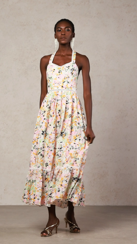 Grace Pink Floral Maxi Dress with Halter Neckline and Lace Detailing