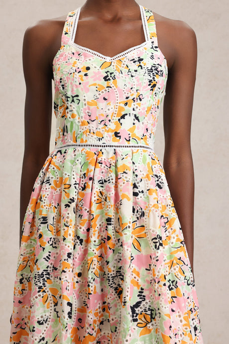Grace Pink Floral Maxi Dress Halter Swing Lace Detailing