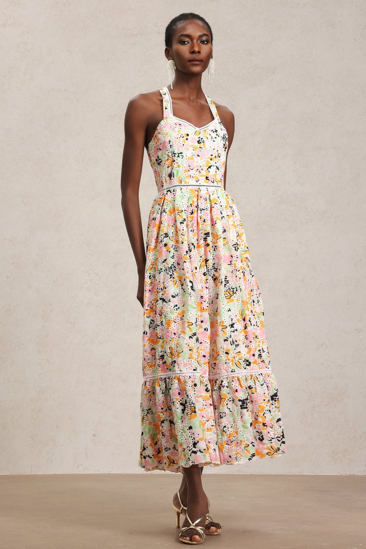 Grace Pink Floral Maxi Dress Halter Swing Silhouette Lace Detailing Soft Fabric Elegant Comfortable Chic Women's Fashion