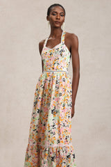 Grace Pink Floral Maxi Dress Halter Neckline Swing Silhouette Lace Detailing
