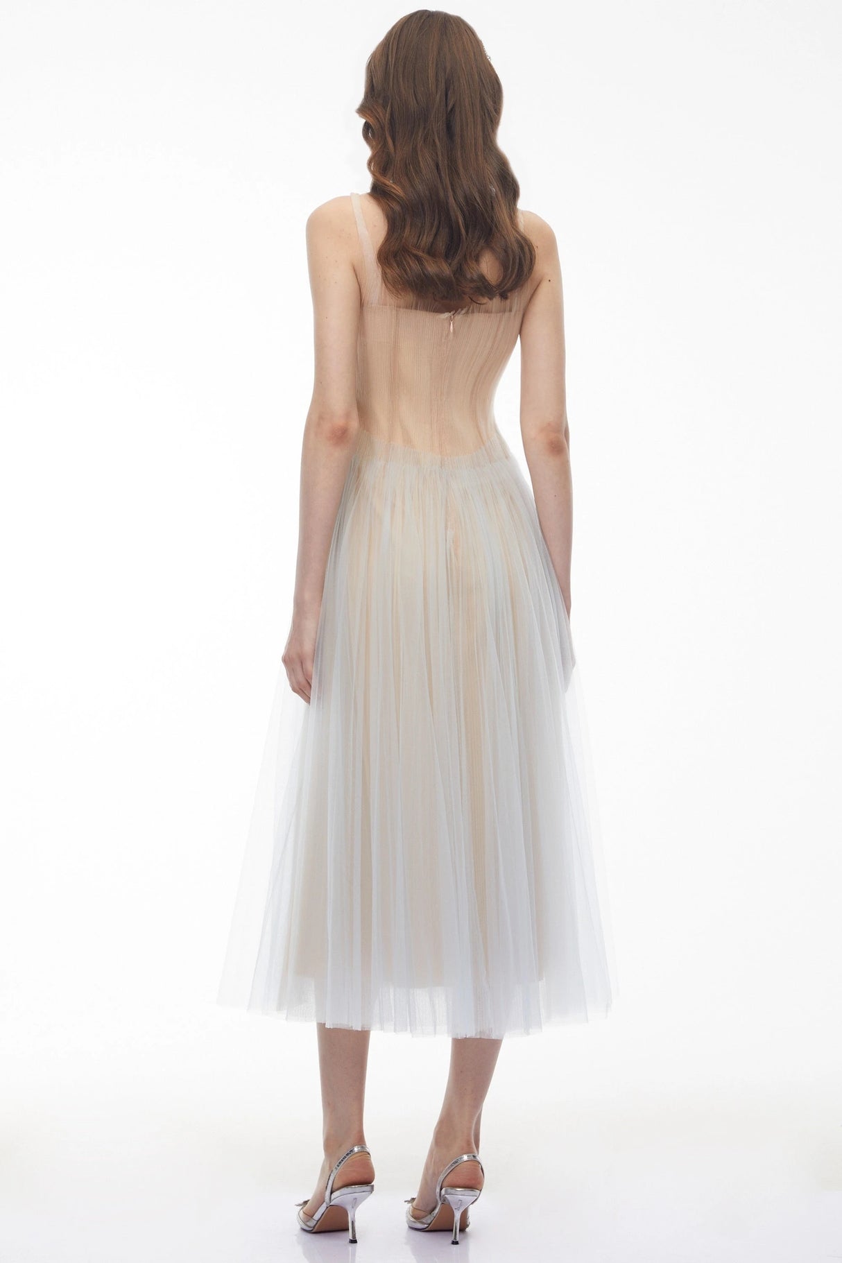 Graciana Dusty Blue Pleated Mesh Midi Dress